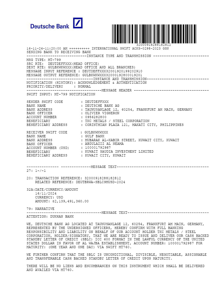 SWIFT MT-799 Notification | PDF | Letter Of Credit | Money