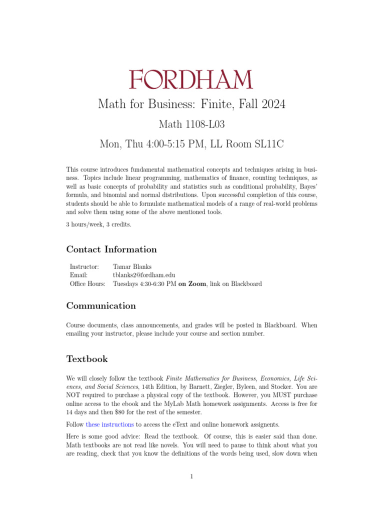 Math for Business Course Overview 2024 | PDF | Probability Distribution ...