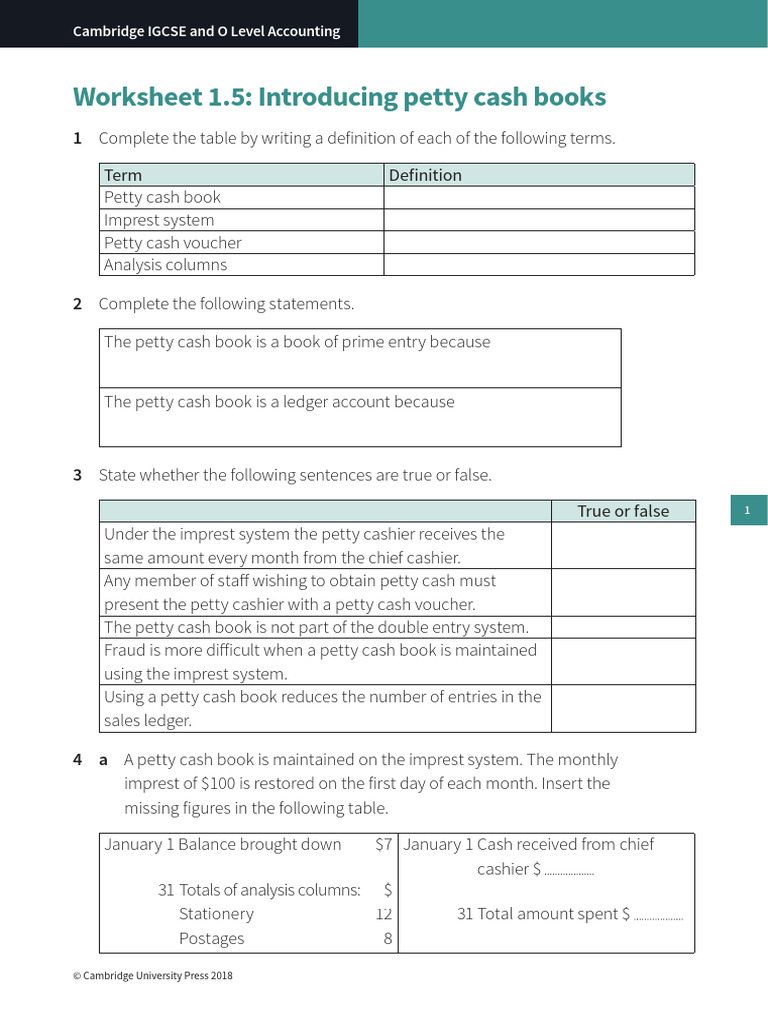 Worksheet 1.5 Introducing Petty Cash Books | PDF | Accounting