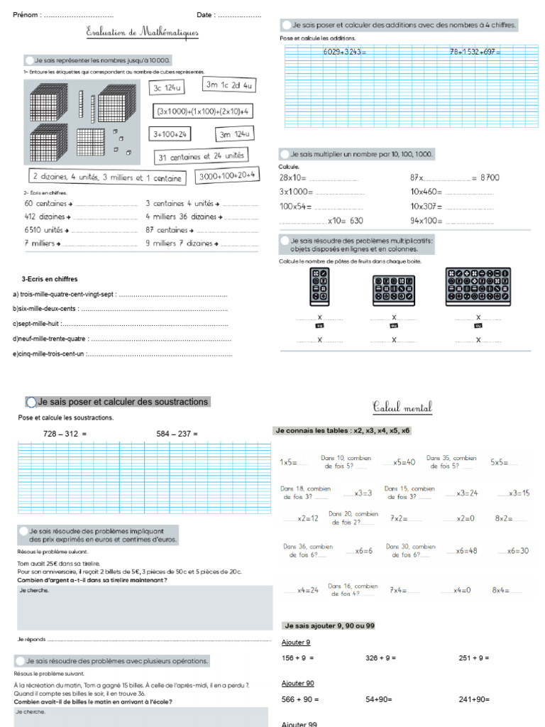 Évaluation Maths CE2 : Nombres et Calculs | PDF