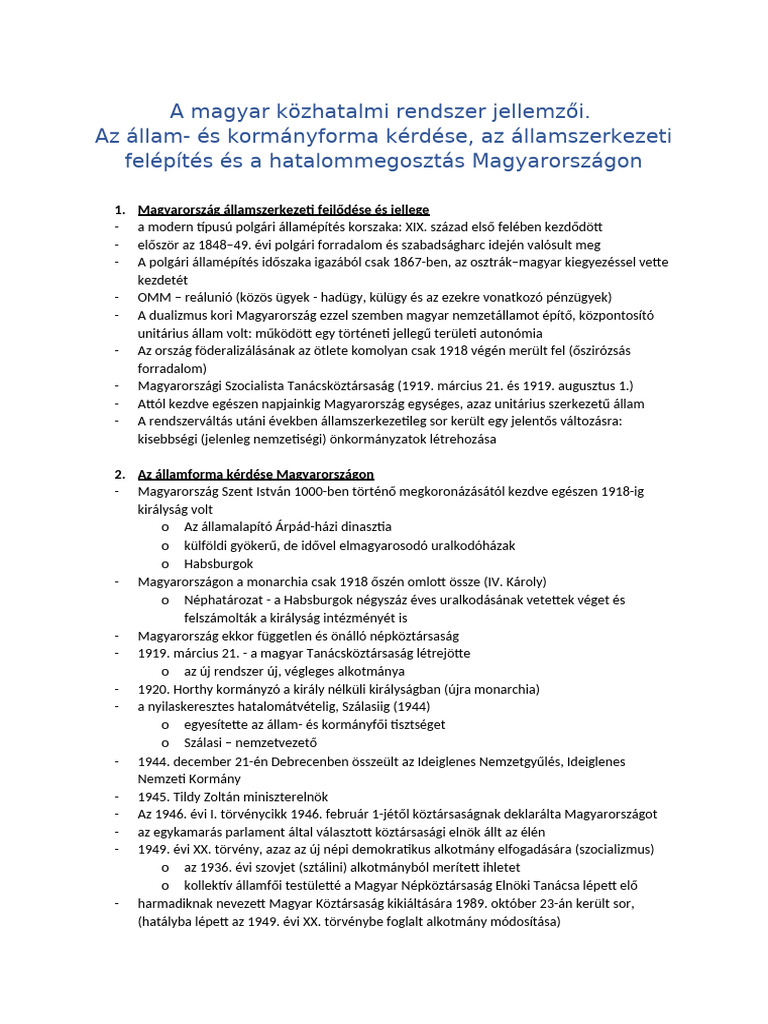 A Magyar Közhatalmi Rendszer Jellemzői | PDF