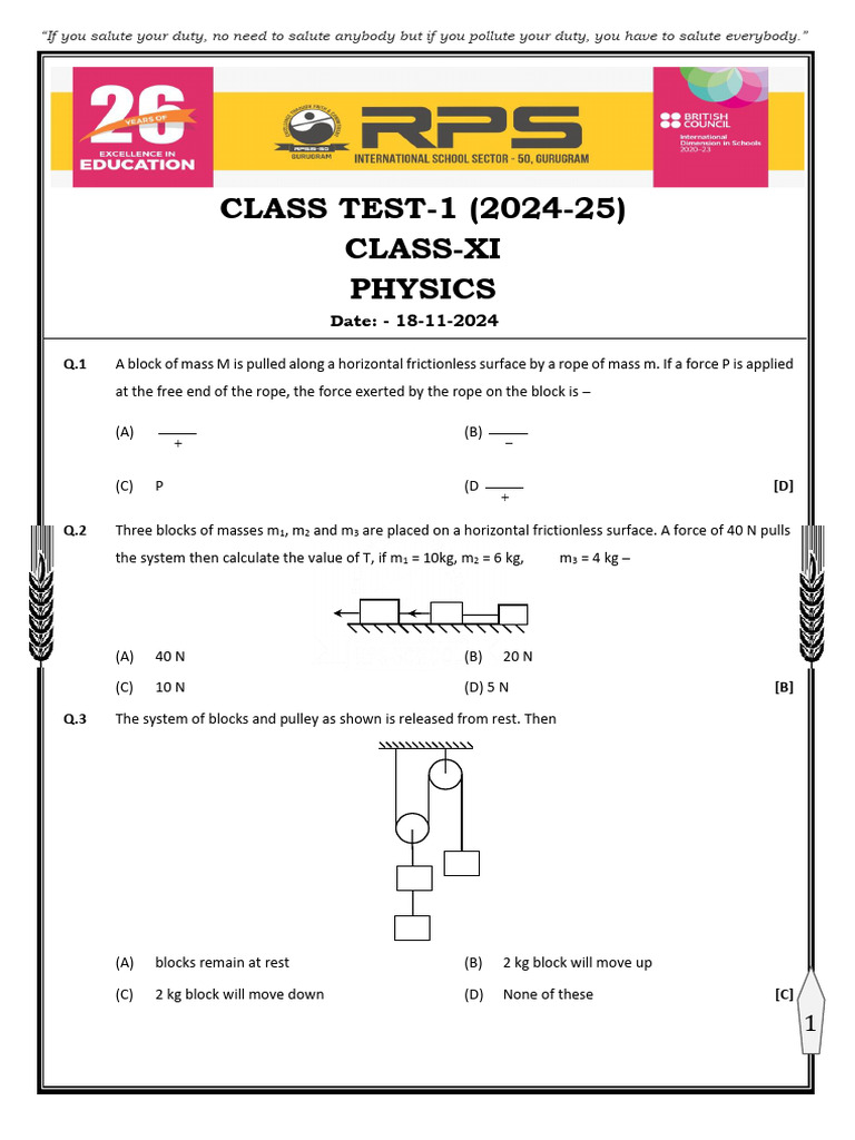 X Physics Class Test - 1.docx Answer Key | PDF | Force | Tension (Physics)