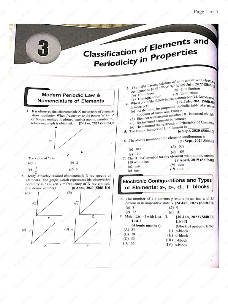 Classification of elements last 5 year pyq pdf