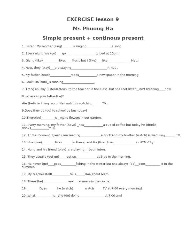 Simple Present and Continuous Exercises | PDF