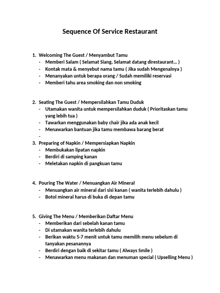 Sequence of Service Restaurant | PDF