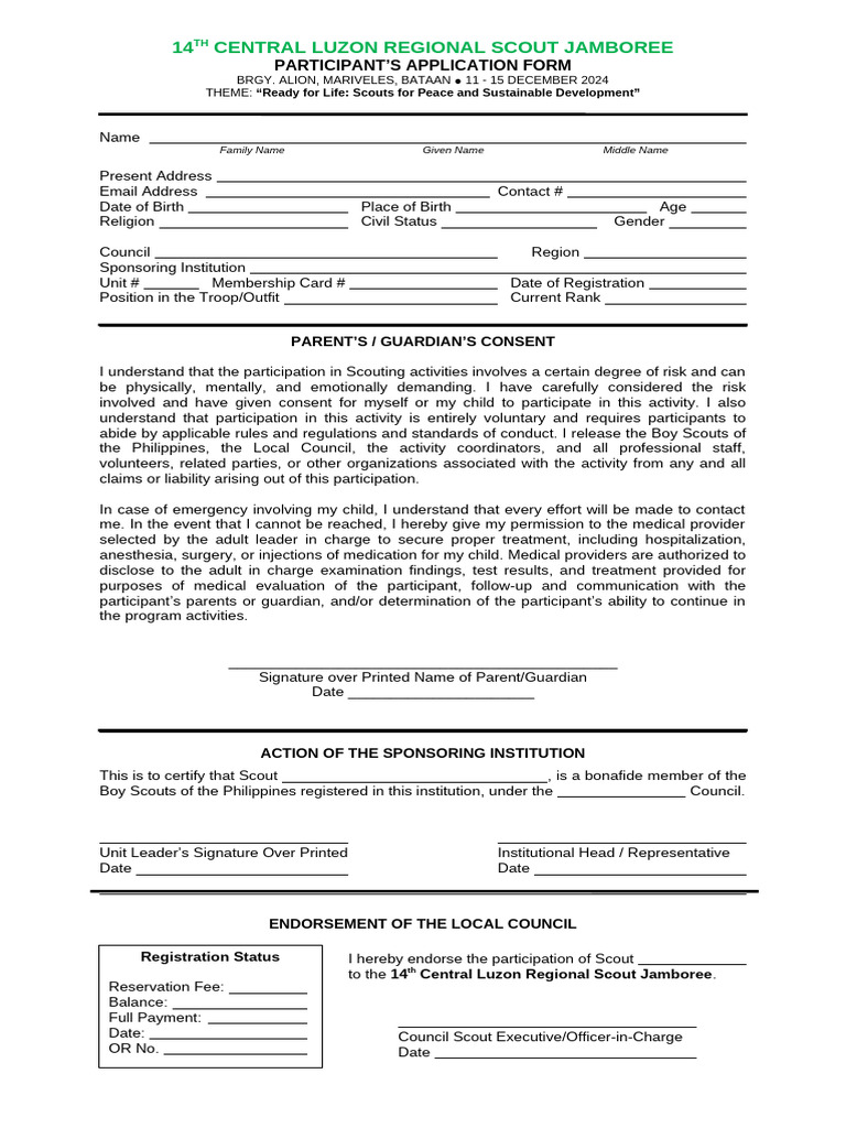 14th Central Luzon Scout Jamboree Form | PDF