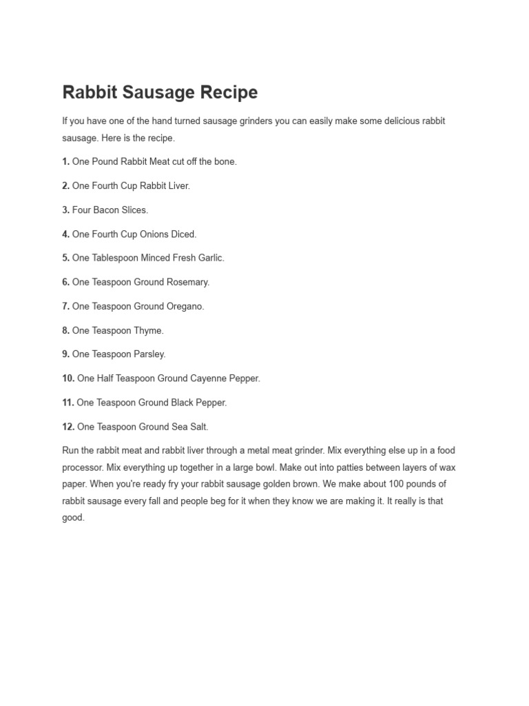 Rabbit Sausage Recipe | PDF | Home & Garden | Wellness
