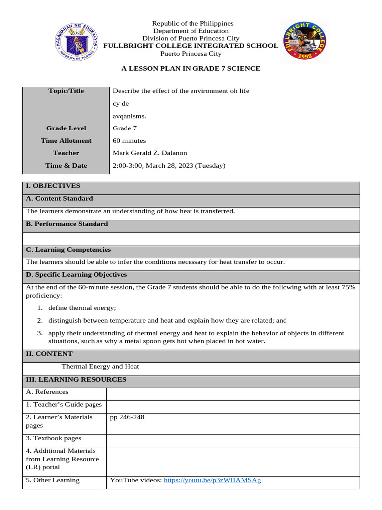 Dlp Sample Pdf Heat Temperature