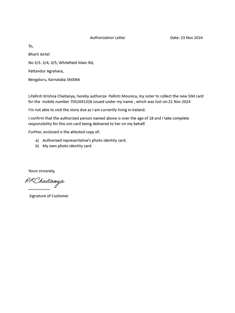 SIM Card Authorization Letter | PDF