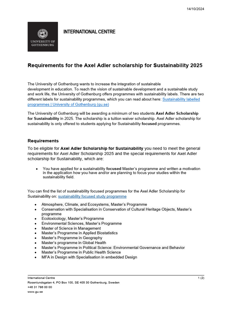 Axel Adler Scholarship For Sustainability Requirements 2025 PDF | PDF |  Sustainability | Economy And The Environment