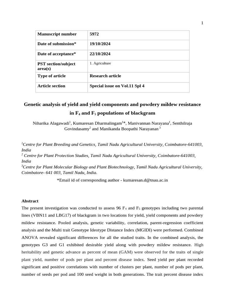 Blackgram Yield and Disease Resistance Study | PDF | Heritability ...