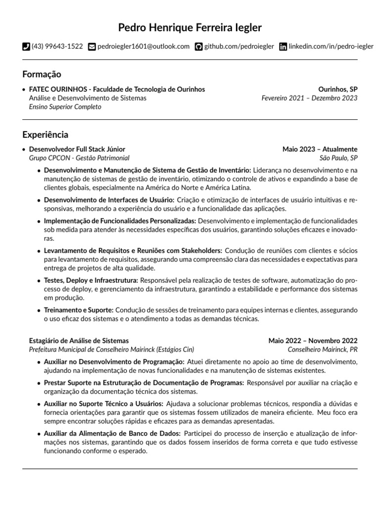Currículo de Pedro Iegler - Desenvolvedor Full Stack | PDF | Testes de ...