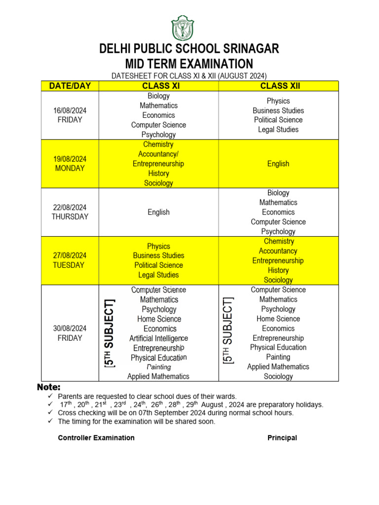 DPS Srinagar Class XI & XII Exam Schedule | PDF | Science