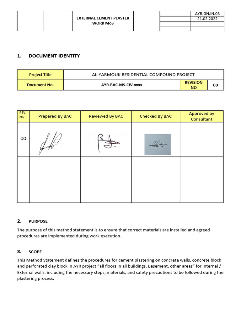Yarmouk Block 2 Plastering Method Statement | PDF | Personal Protective ...