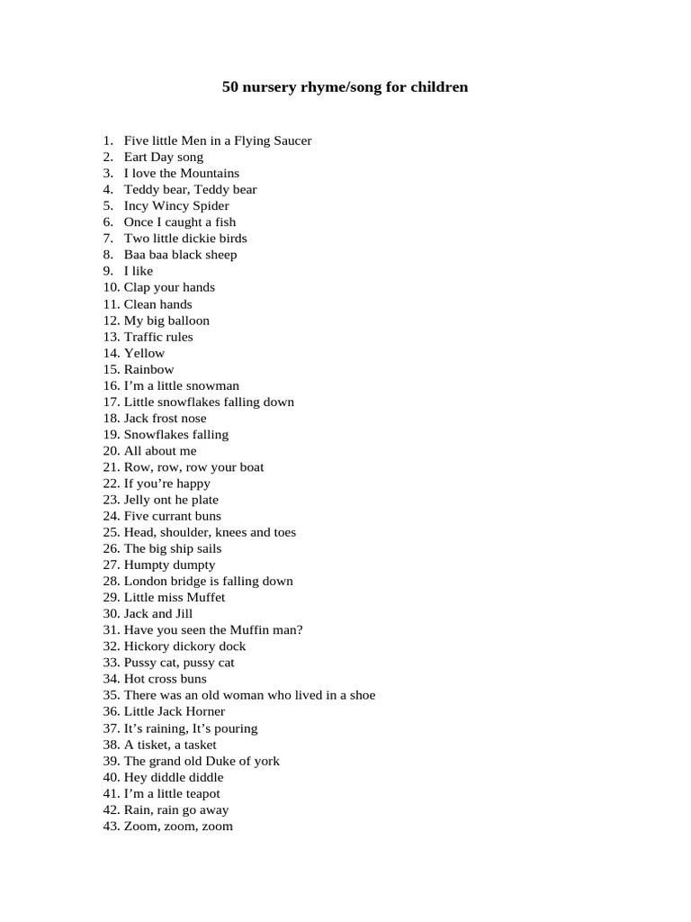 50 Popular Nursery Rhymes for Kids | PDF