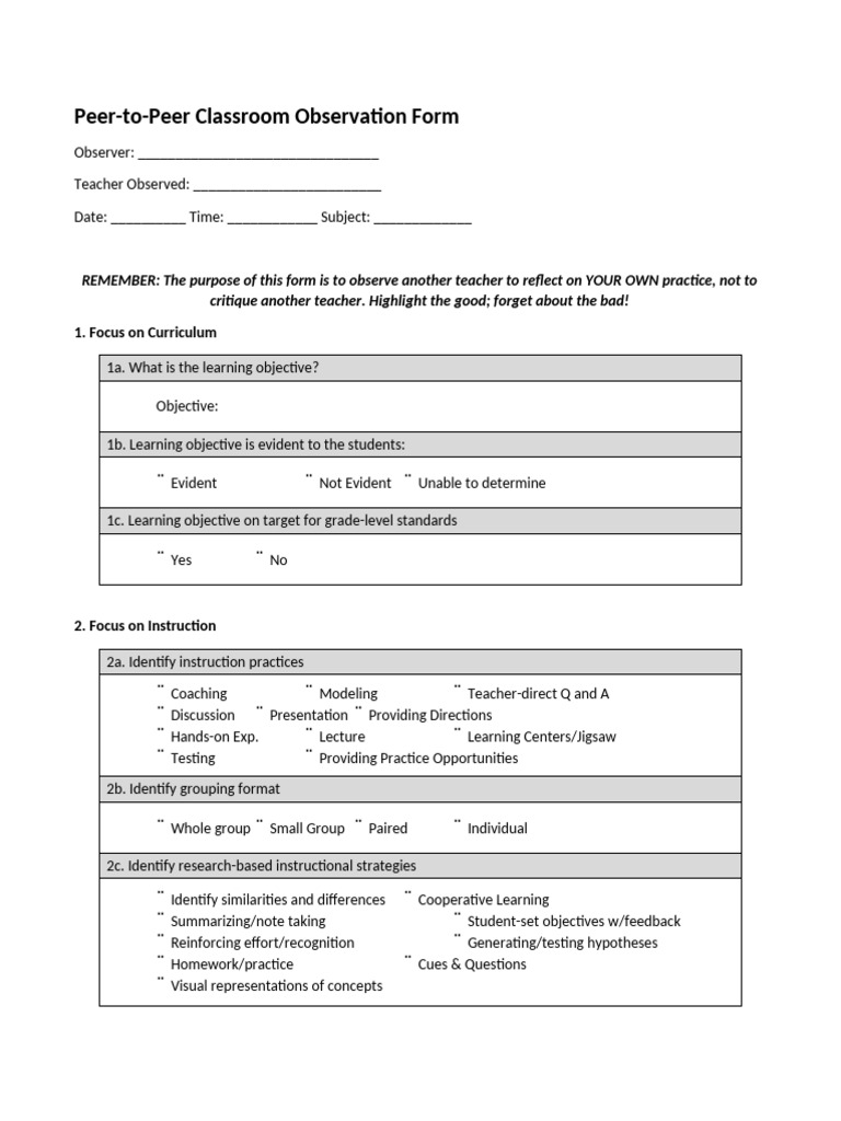 Peer-to-Peer Classroom Observation Guide | PDF | Learning | Teachers