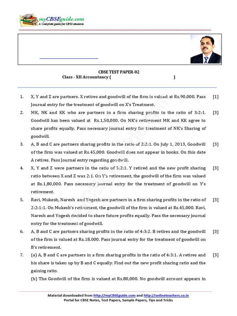 12 Accountancy Ch04 Test Paper 02 Treatment Of Goodwill At The Time Of