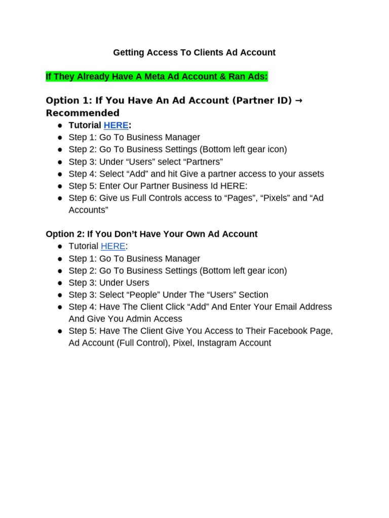 Accessing Client's Facebook Ad Account | PDF
