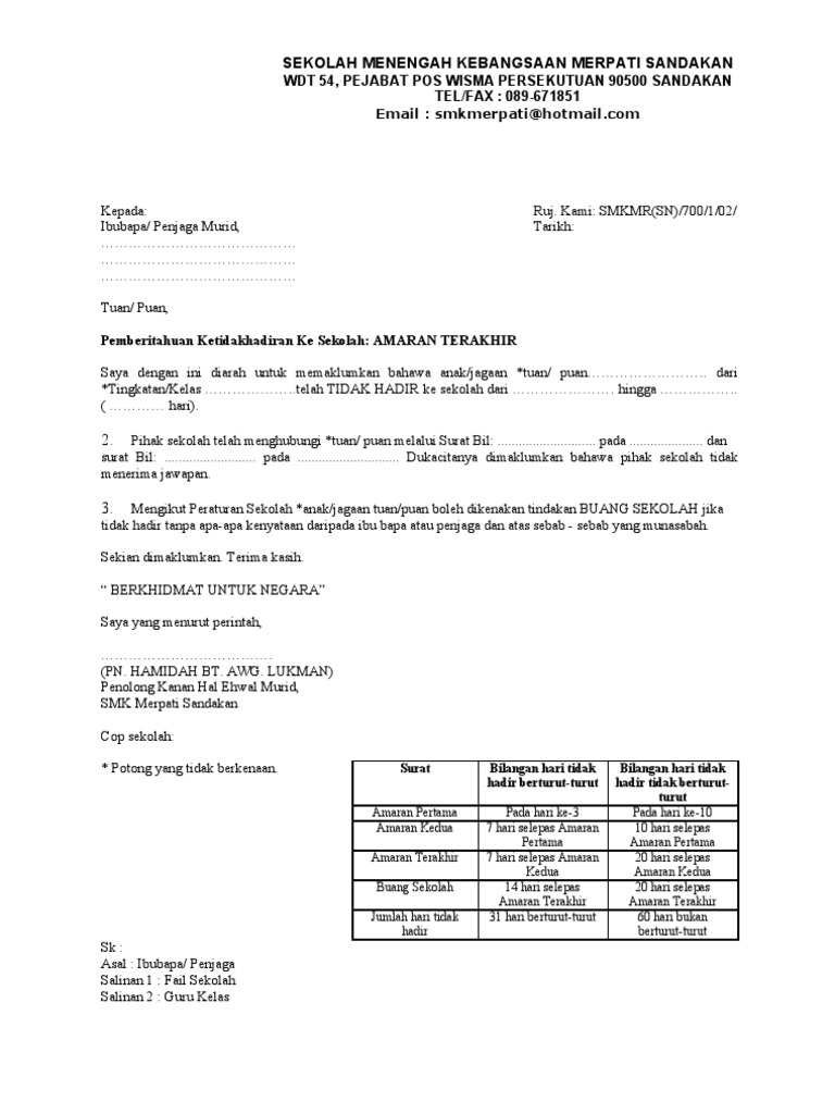 Format Surat Amaran Terakhir Untuk Ketidakhadiran Ke Sekolah