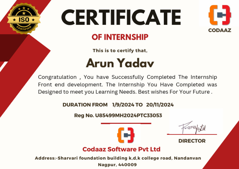 Internship Certificate for Front End Development | PDF | Career & Growth