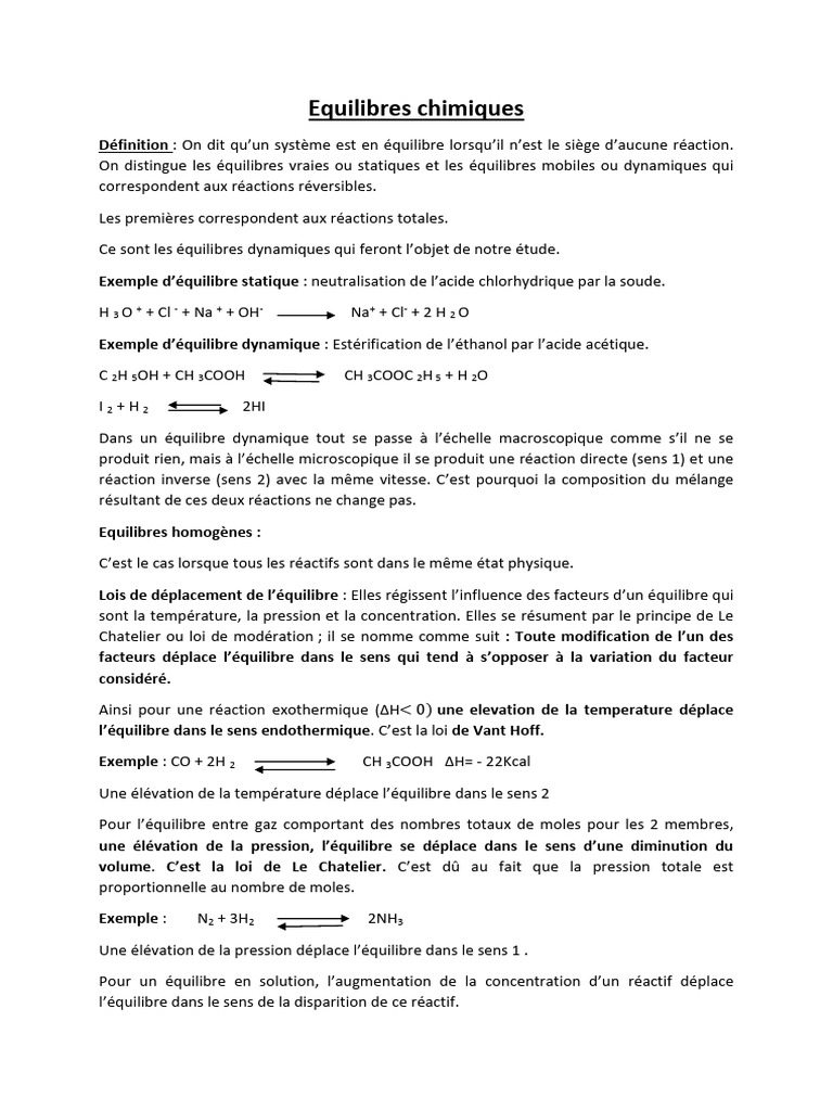 Équilibres chimiques : concepts et lois | PDF | Équilibre chimique ...