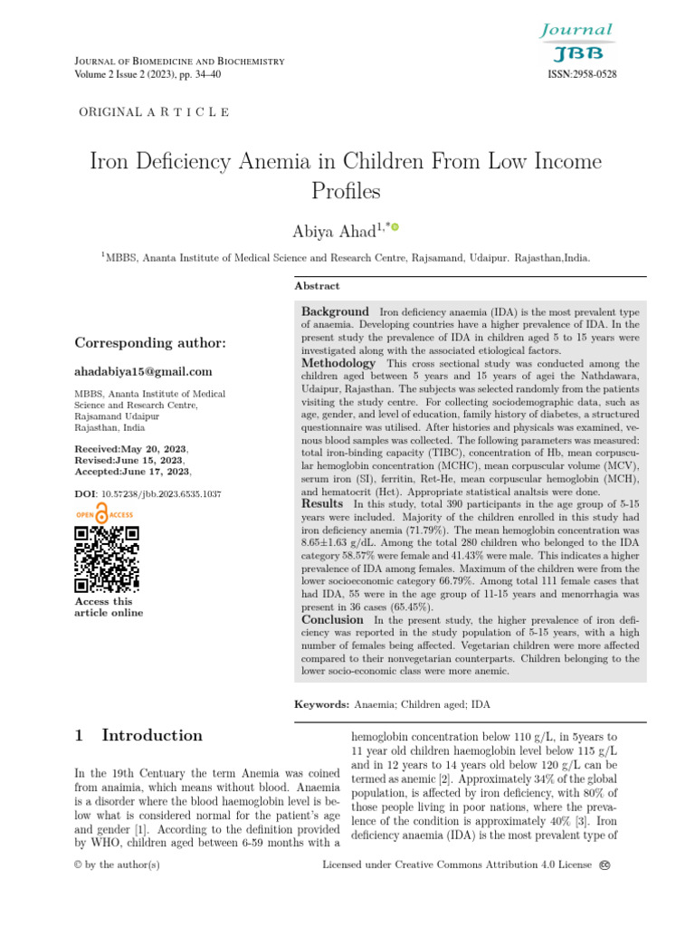 Iron Deficiency Anemia in Children From Low Income Profiles: Abiya Ahad ...