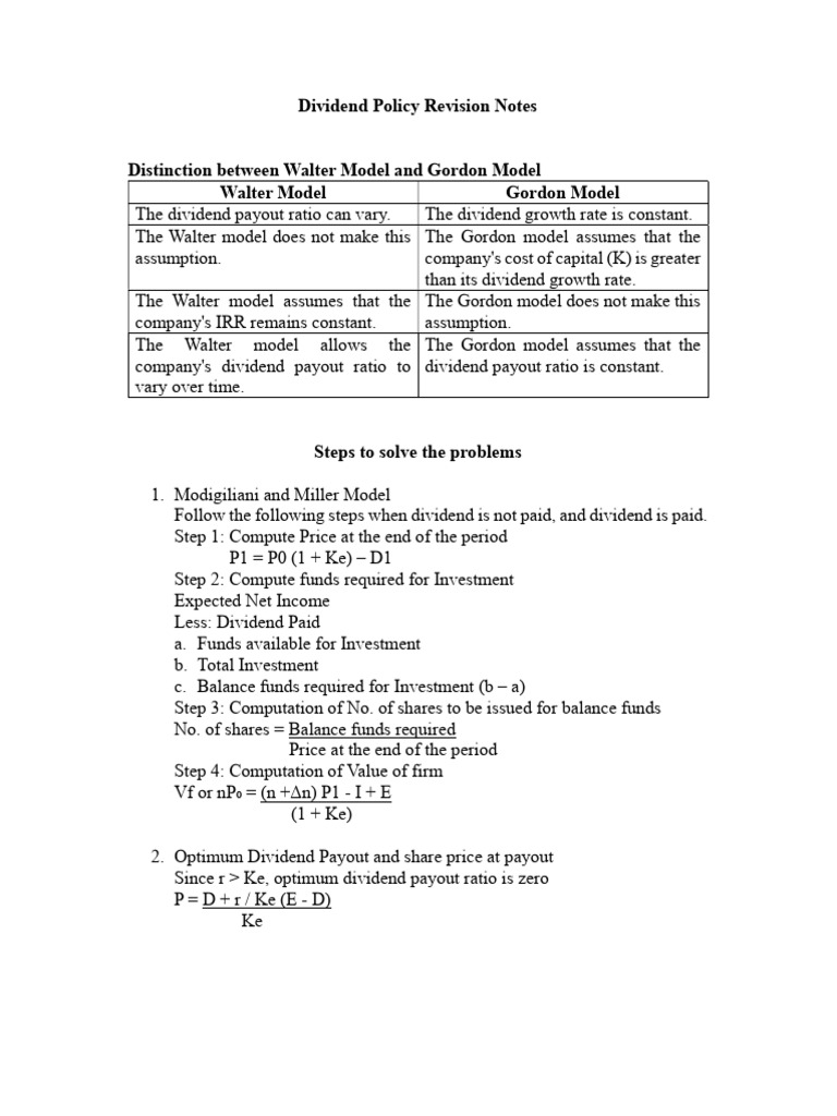 Walter vs. Gordon Dividend Models | PDF | Share Repurchase | Dividend