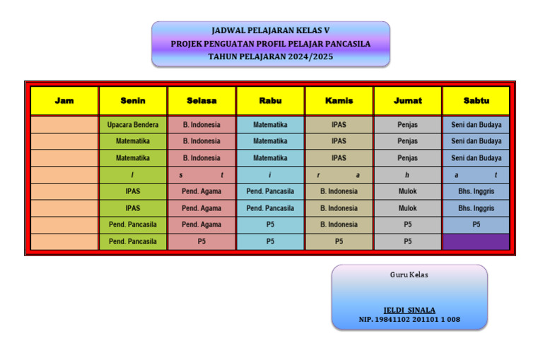 Jadwal Pelajaran Kelas 5 | PDF