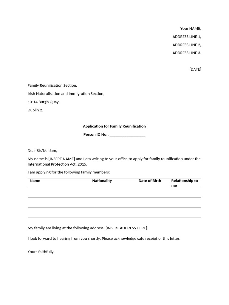 Family Reunification Template Application Letter PDF