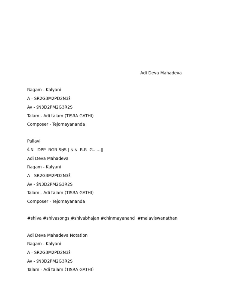 Adi Deva Mahadeva Notation and Lyrics | PDF