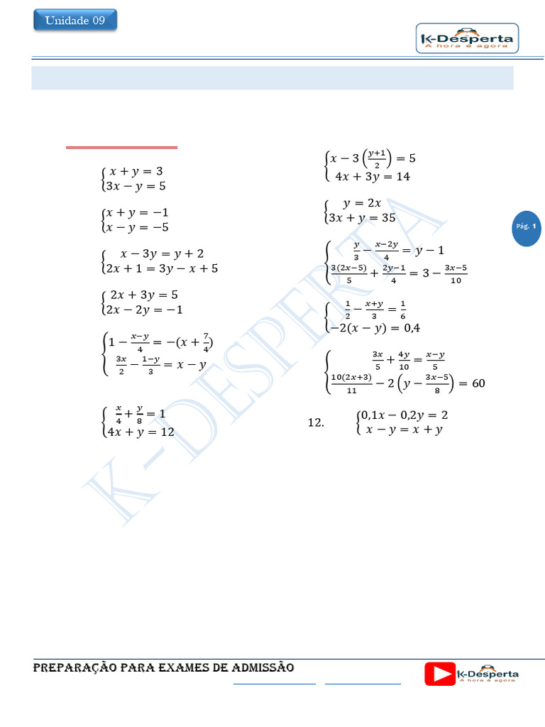 Exercícios de Sistemas Lineares 2x2 | PDF | Equações | Matemática