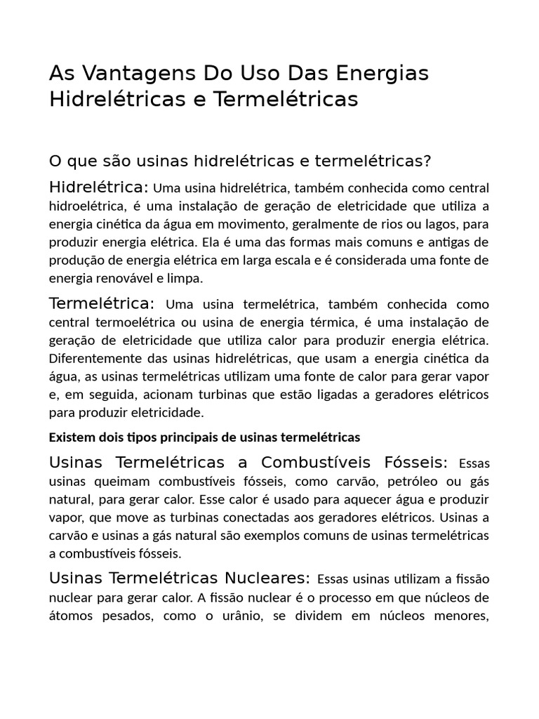 As Vantagens Do Uso Das Energias Hidrelétricas e Termelétricas | PDF ...