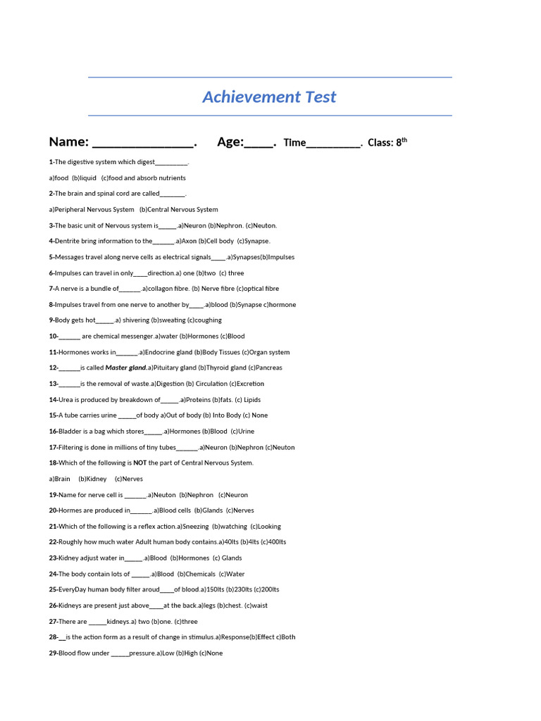 Achievement Test | PDF | Nervous System | Human Body