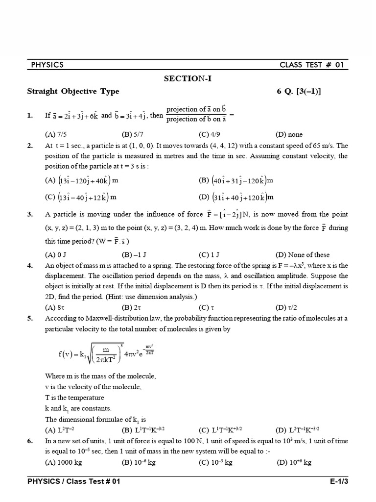 Physics Class Test 01 Questions | PDF | Acceleration | Force