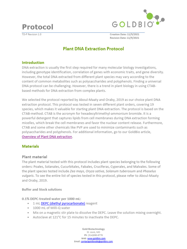 CTAB Plant DNA Extraction Protocol | PDF | Agarose Gel Electrophoresis ...