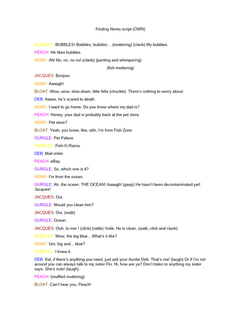 Finding Nemo Script (OWN) | PDF for Finding Nemo Jr Script Free Printable