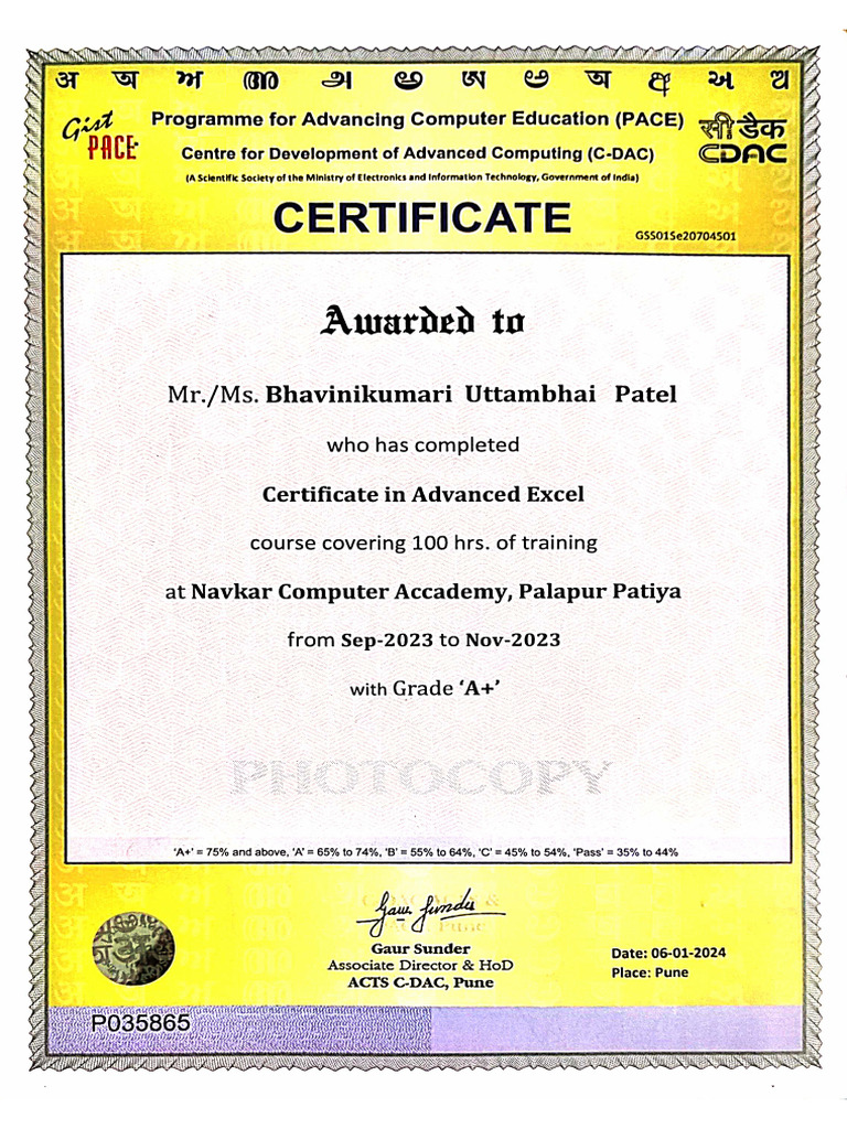 Bhavini Adc - Excel Certy | PDF