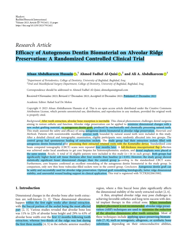 Efficacy of Autogenous Dentin Biomaterial On Alveolar Ridge ...