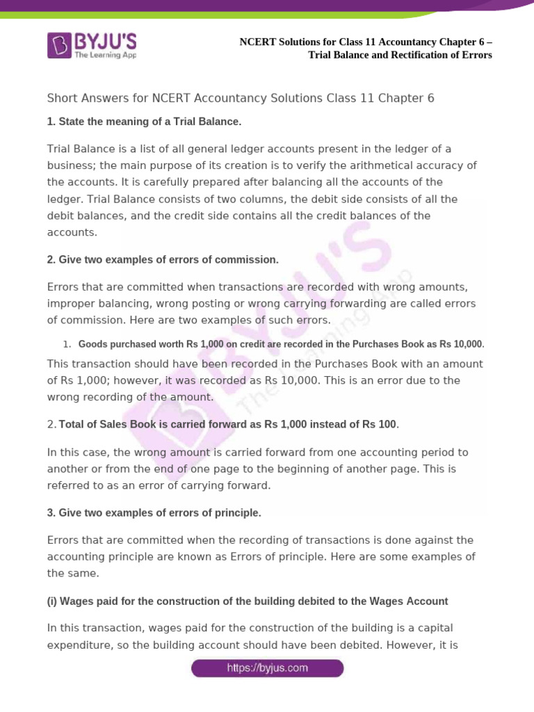 Ncert solutions for class 11 accountancy chapter 6 trial balance and
