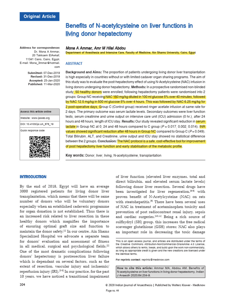 Benefits of N Acetylcysteine On Liver Functions in Post Hepatectomy ...