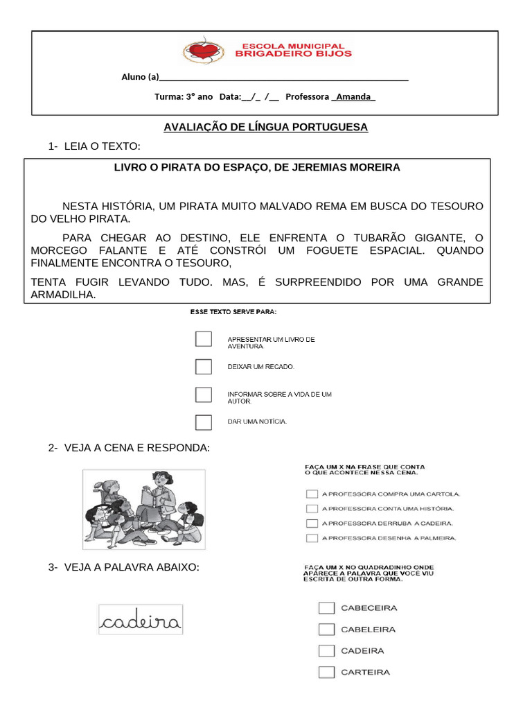 Avaliação de Lingua Portuguesa - 3 Ano 1 Bimestre | PDF