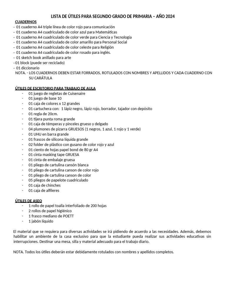 Lista Útiles 2do Grado Primaria 2024 | PDF | Estudios de idiomas ...