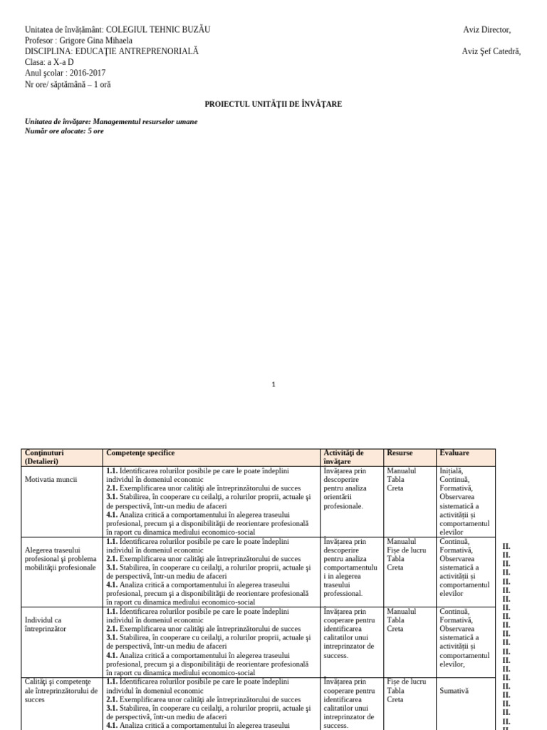 Proiectul Unitatii de Invatare Educatie Antreprenoriala | PDF