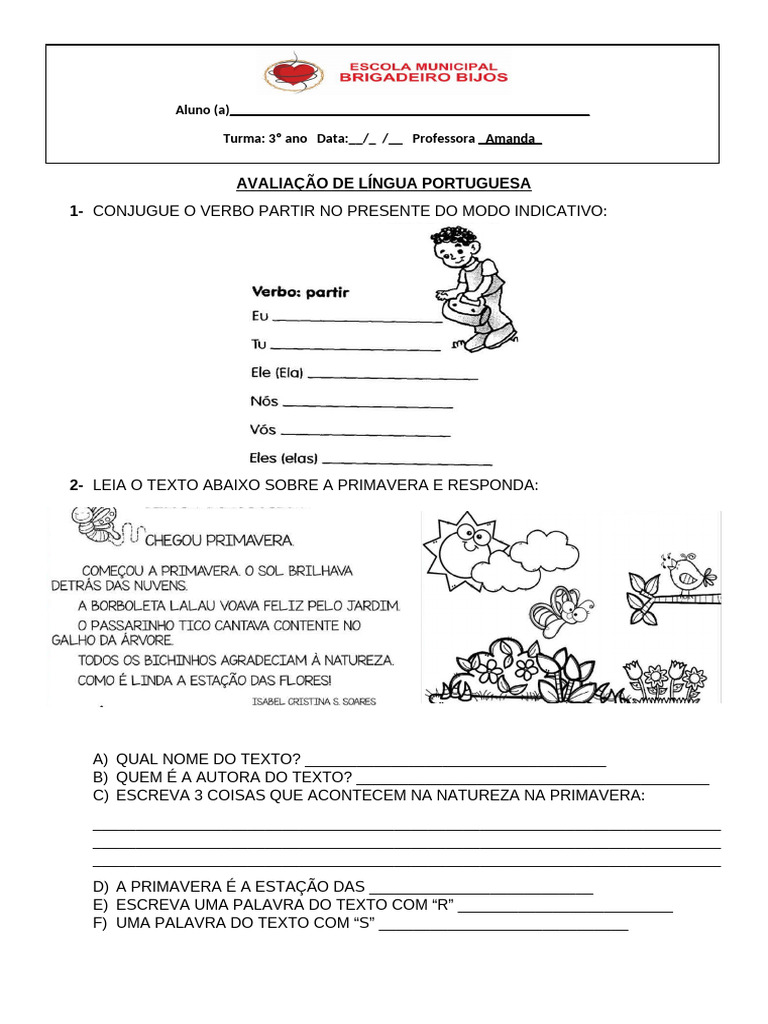 Avaliação de Língua Portuguesa 3º Ano | PDF | Métodos e Materiais de Ensino