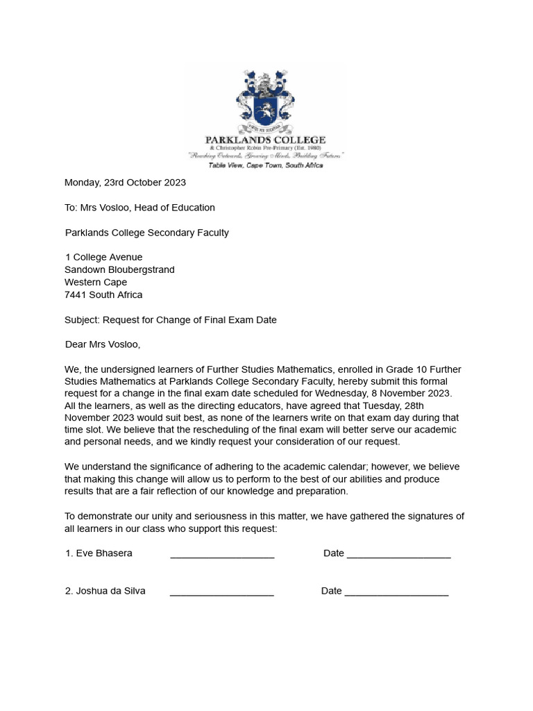 Grade 10 Exam Date Change Request | PDF