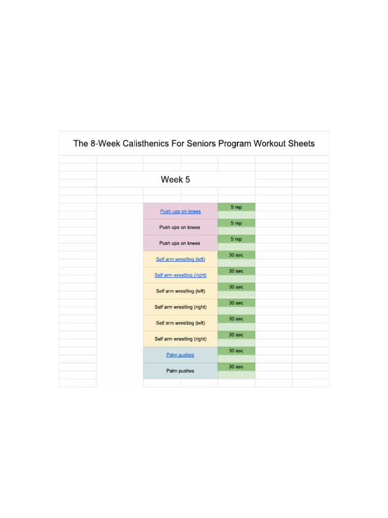 Calisthenics For Seniors Week 5 Workout Sheets Sheet1 | PDF