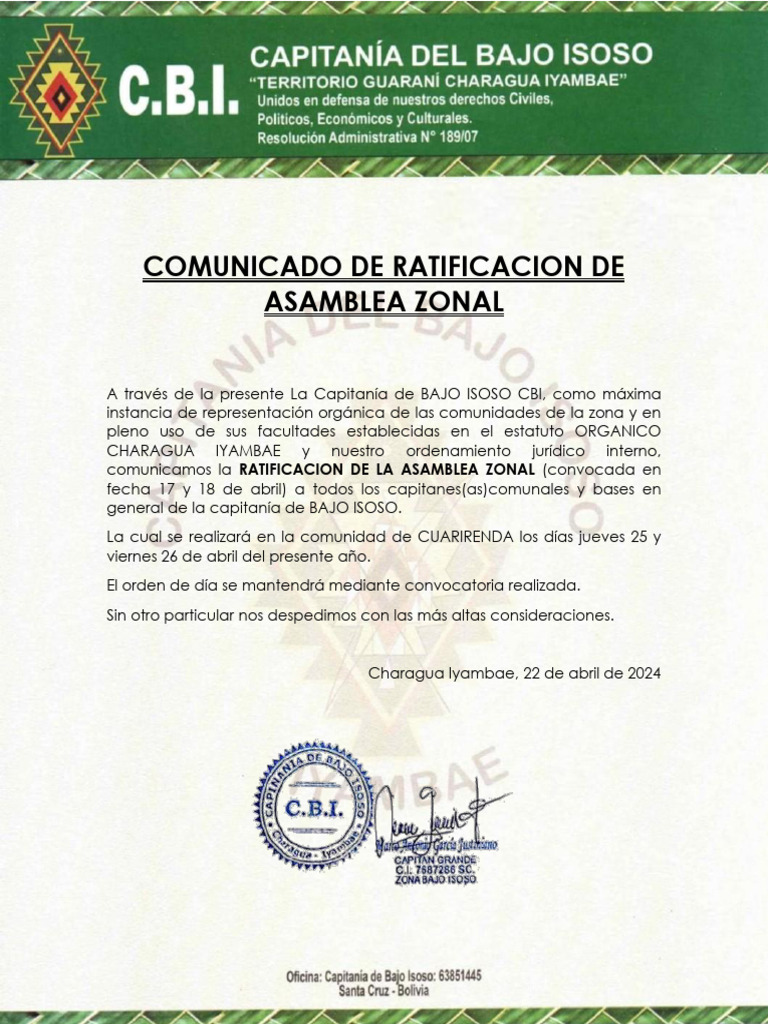 Ratificación Asamblea Zonal Bajo Isoso | PDF