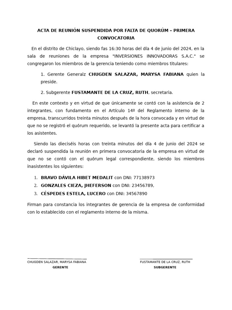Reunión Suspendida por Falta de Quórum | PDF | Política | Ciencias sociales