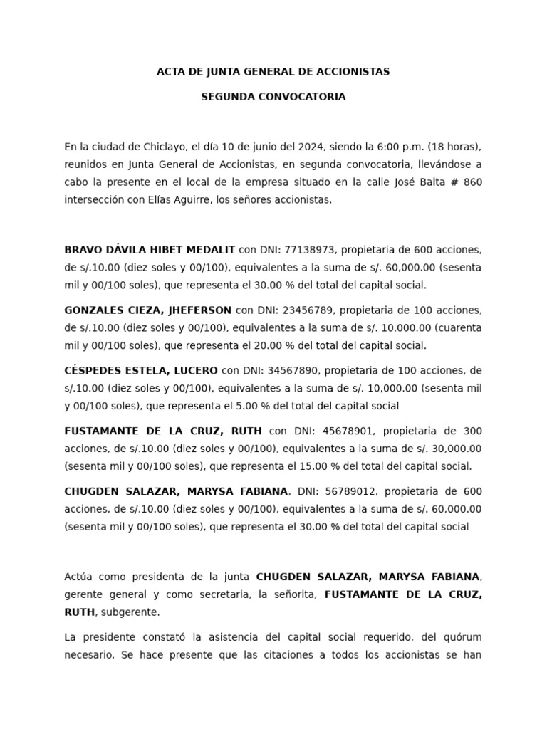 Acta Junta Accionistas Chiclayo 2024 | PDF | Business
