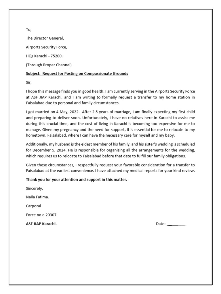 Compassionate Transfer Request to Faisalabad | PDF
